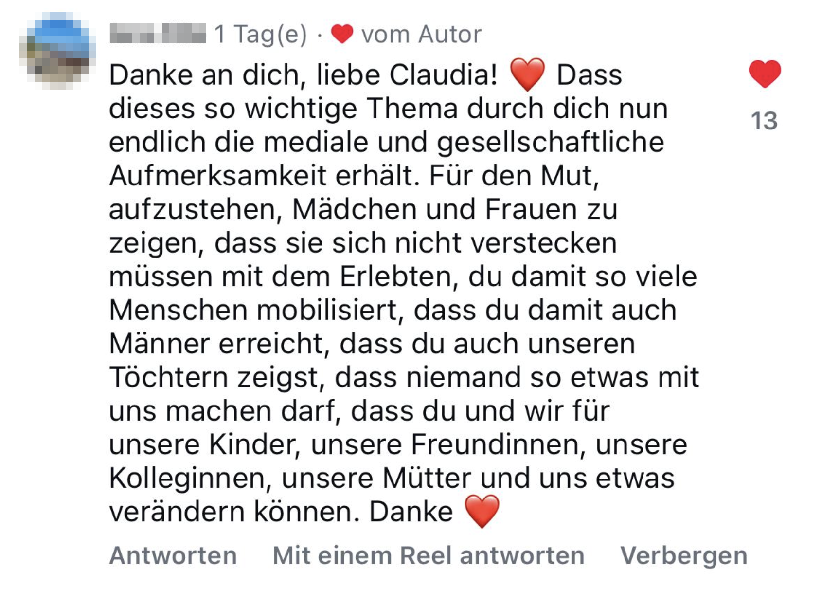 Zuschrift auf Instagram – Name und Profilbild sind unkenntlich gemacht