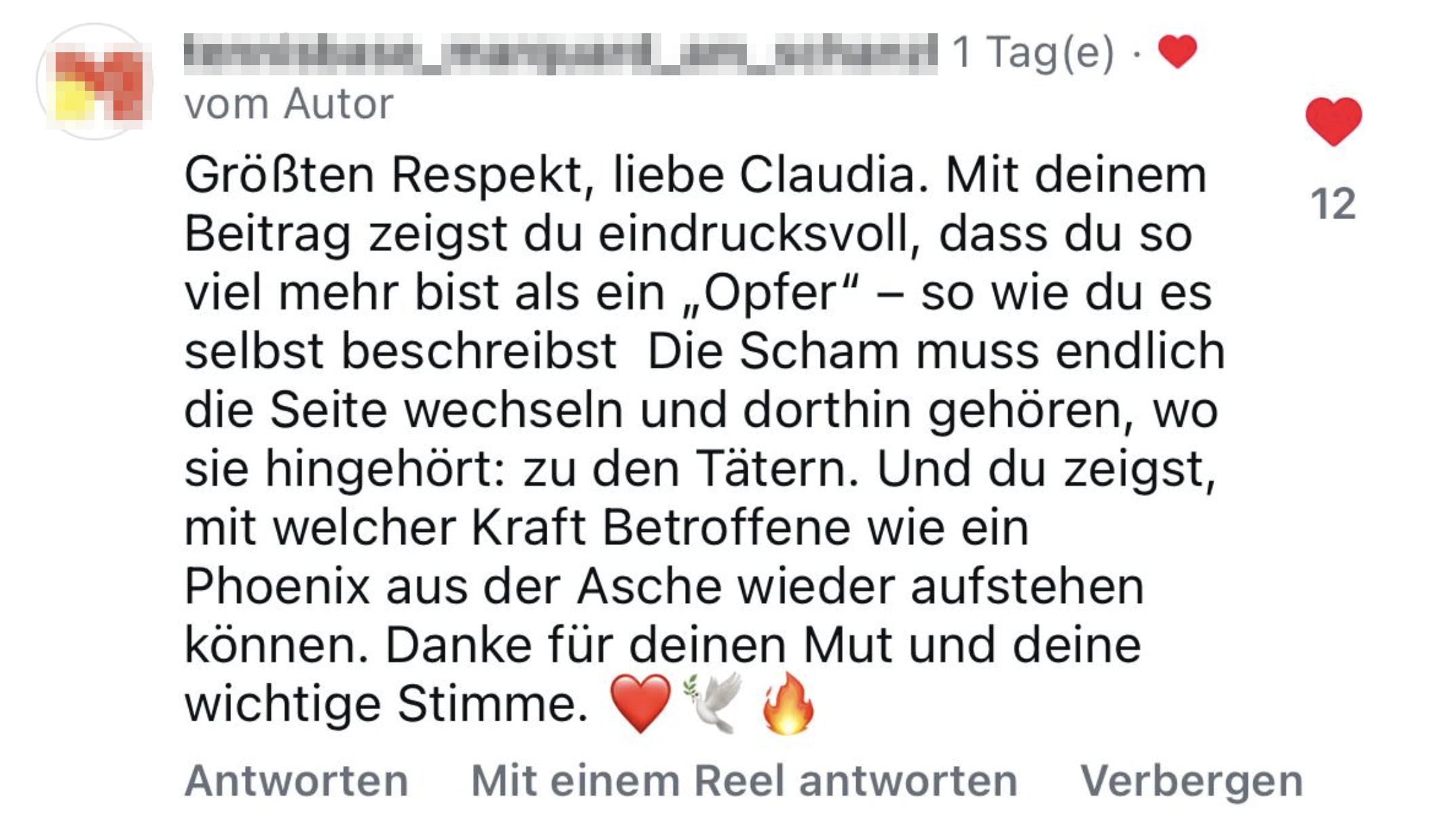 Zuschrift auf Instagram – Name und Profilbild sind unkenntlich gemacht